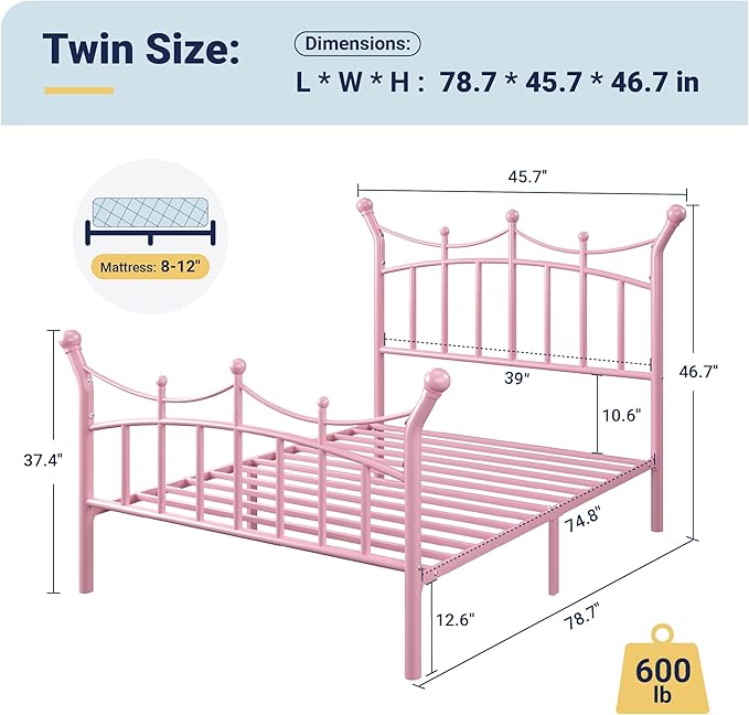 Allewie 14 Inches Twin Size Metal Platform Bed Frame with Elegant Crown Iron-Art Headboard & Footboard, Sturdy Mattress Foundation with Under-Bed Storage, Easy Assembly, No Box Spring Needed, Pink