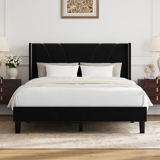 Novilla Full Size Bed Frame, Full Bed Frame with Headboard, Velvet Upholstered Wing Side Headboard, No Box Spring Needed, Heavy Duty Feet, Easy Assembly, Black Velvet