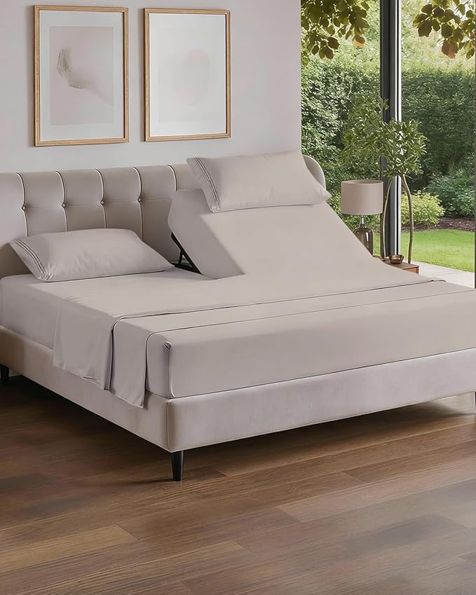 Flex Top Split Head King 4 Piece Sheet Set - Ultra-Soft, Breathable & Cooling Bed Sheets Set - Hotel Luxury Bedding for Women & Men with Deep Pockets - Wrinkle and Fade Free - Oeko-Tex - Light Grey