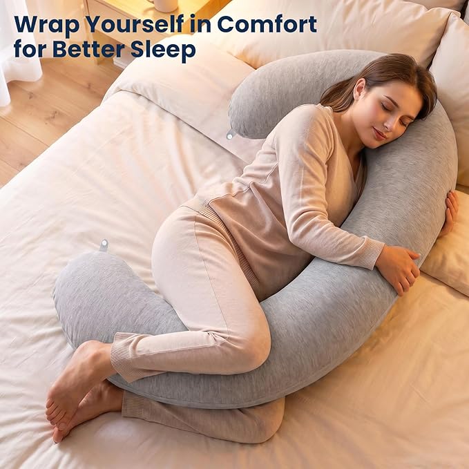 TranquilRelax C Shaped Body Pillow for Side Sleepers, Memory Foam Long Pillow for Leg, Hip & Back Support, Soft Washable Cover,Grey-53"*10"
