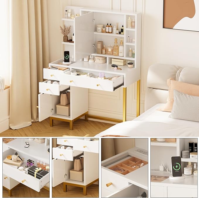 GAOMON 43.7'' White Vanity Desk Table with Lighted Mirror & Power Outlet, 3 Lighting Modes, Brightness Adjustable Vanity Table Makeup Vanity for Bedroom Dressing Room