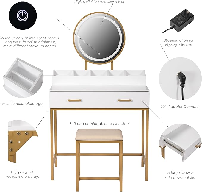 UTEX Makeup Vanity Desk with Mirror and Lights, Makeup Vanity Set with Drawers, Small Dressing Up Table, 3 Lighting Modes Dresser Desk and Cushioned Stool Set for Bedroom White and Gold