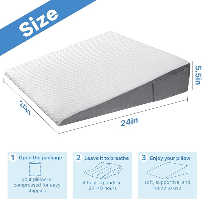 Vekkia 24" x 24" x 5.5" Bed Wedge Pillow for Sleeping – Triangle Pillow for Sleep Apnea, Acid Reflux, Snoring & Back Support, Post-Surgery Recovery, with Pockets & Washable Cover