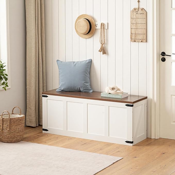 HOOBRO Storage Bench, 47.2”Toy Box Organizer with Safety Hinges, Farmhouse Wooden Storage Chest, for Hallway, Bedroom, Living Room, White and Walnut WH520CW01