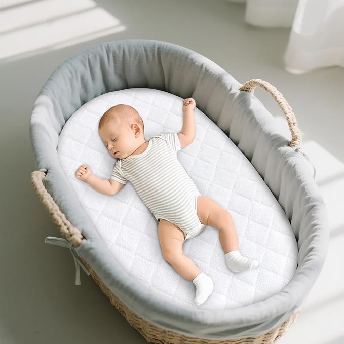 Waterproof Bassinet Mattress Protector Cover 17''x33'', Universal Fit for Oval, Hourglass and Rectangular Mattress, 2 Pack Bassinet Mattress Pad Quilted Bassinet Sheets