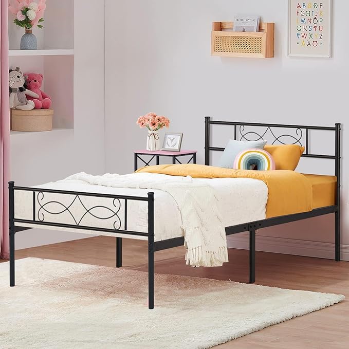VECELO 2 Set 14" Twin Size Metal Platform Bed Frame with Headboard,Premium Steel Slat Support No Box Spring Needed,Noise-Free Anti-Slip,Easy Assembly