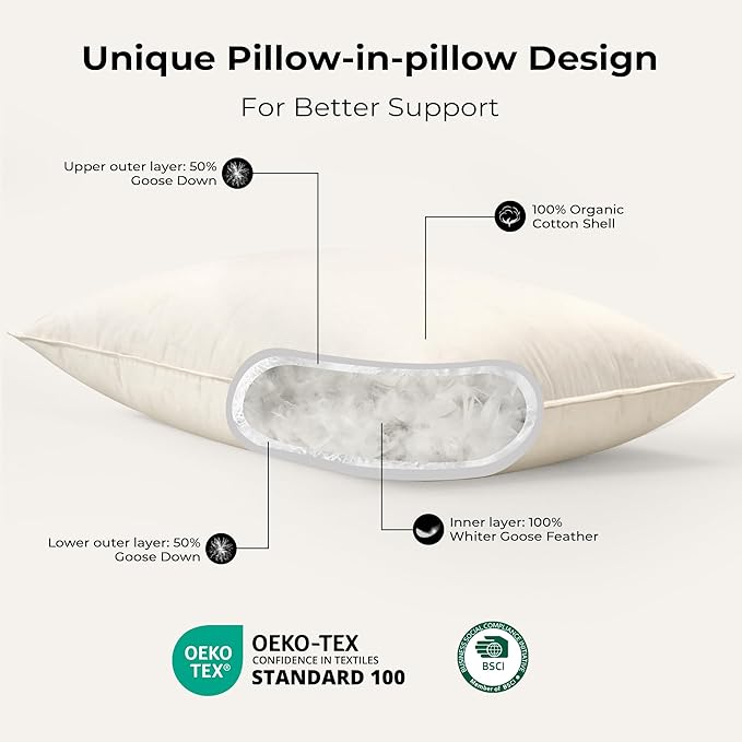 UNIKOME White Goose Down Feather Pillows - 100% Organic Cotton Cover - Standard Size Pillow Set of 2, Made in Japan Pillow for Sleeping