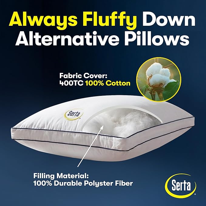 Serta Hotel Collection Bed Pillows King Size Set of 2, 400 Thread Count 100% Cotton Cover, Medium Support Gusseted Down Alternative Pillow for Back, Stomach or Side Sleepers, 18" x 34", White