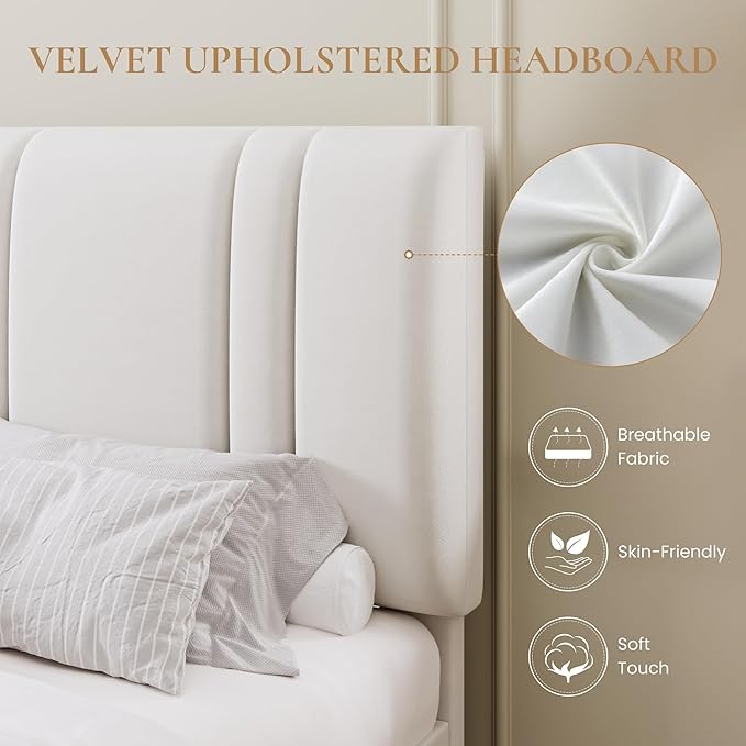 SHA CERLIN Full Size Platform Bed Frame, Velvet Upholstered Bed with Adjustable Headboard, Vertical Channel Tufted Design, Sturdy Wood Slat Support, No Box Spring Needed, Easy Assembly, White