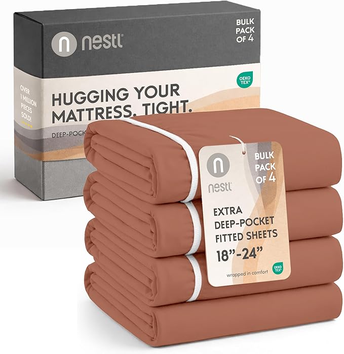 Nestl 4 Pack Rust Fitted Sheet Extra Deep Pocket, Hotel Luxury Twin XLFitted Sheet Only Easily Fits 18 to 24 Inch Mattress, Super Soft, Wrinkle-Free and Breathable with Corner Straps