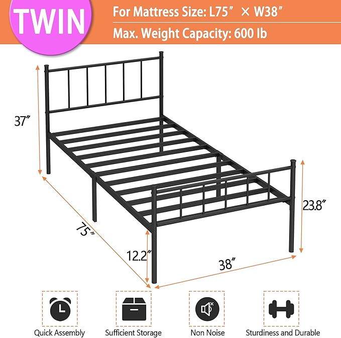 DIIYIV Twin Bed Frame-Classic Metal Platform Bed Frame,Mattress Foundation with Steel Slat Support,Under Foundation Storage,No Box Spring Needed, Easy Assembly, Twin Size