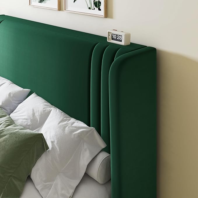 Allewie King Size Velvet Platform Bed Frame with Vertical Tufted Wingback Headboard, Easy Assembly, Under Bed Storage, No Box Spring Required, Modern Style, Green