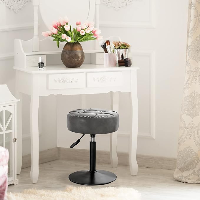 LUE BONA Height Adjustable Vanity Stool 15.8"-20.7", 360° Swivel Gray Faux Leather Chair, 300lb Capacity for Makeup Room, Bathroom
