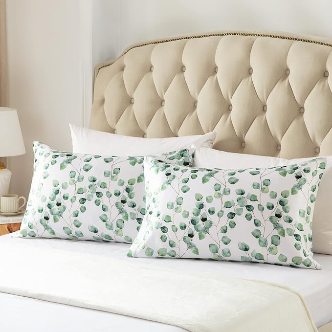 EXQ Home Silky Satin Pillowcase for Hair and Skin,Printed Pillow Cases Standard Size Set of 2 Satin Pillow Case 2 Pack with Envelope Closure(Ink Leaf, 20x26)