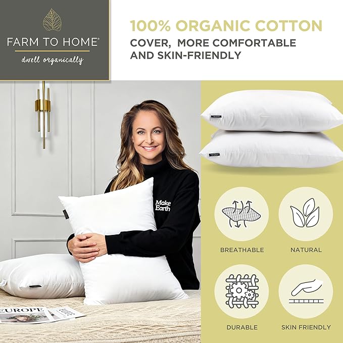 Farm to Home Feather and Down Pillows, 100% Organic Cotton Cover Pillows, Luxury Hotel Collection Bed Pillows for Sleeping, 20" x 36" King Size Set of 2