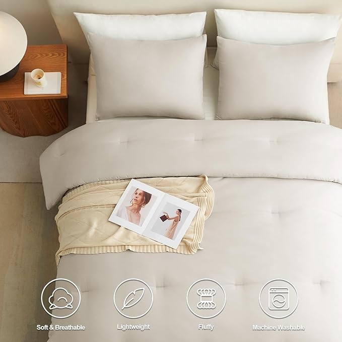 CozyLux Oversized Queen Comforter Set Beige, 3 Pieces 98x98 Solid Breathable Quilted Bedding Sets for All Season, Luxury Soft Lightweight Bed Set with Down Alternative Comforter and 2 Pillowcases