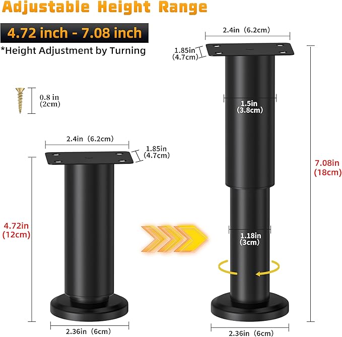 Wlrrcwdttc 4 Pcs Metal Adjustable Furniture Legs 4.72-7.08 inch, Adjustable Cabinet Legs for Sofa/Bed/Chair/Couch/Dresser/Table,Heavy Duty Bed Replacement Support Legs for Bed Frame/Bed Center Slat