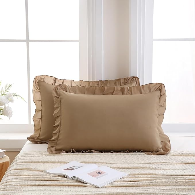 Merryword Taupe Pillow Shams Taupe Ruffle Standard Pillowcases Cute Pillow Cover Set of 2 Shabby Chic Soft Microfiber Pillowcases 2 Pack