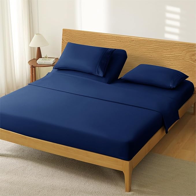 Manyshofu 4 Piece Split Head California King Sheets Sets for Adjustable Bed Sheet, Flex Head Split Top Cal King Sheets Navy Blue Sheet Set - 1800 Thread Count Bedding Set with Deep Pockets