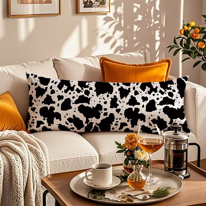 Cow Print 20x54 Body Pillow Cover, Rustic Farmhouse Decor, Black and White Cow Cowhide Skin Print Decorative Long Body Pillow Cases for Bed Couch