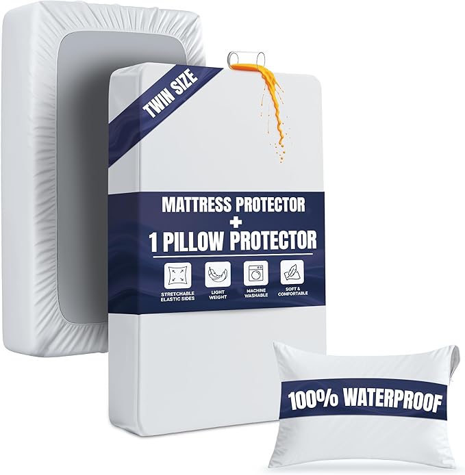 Waterproof Mattress Protector and Pillow Case, Twin Size, Includes +1 Zippered Pillow Protector and 1 Mattress Cover Set, Fitted Sheet Style Deep Pockets with All Around Elastic