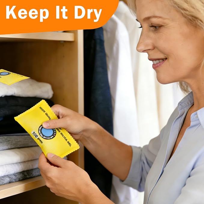 FURWEY 100g (24 Packs) Rechargeable Desiccant Packs for Storage, Color Indicating Silica Gel Desiccant Packets, Moisture absorbers for storage,Dehumidifier bag for Closets,Cars,Storage Bins