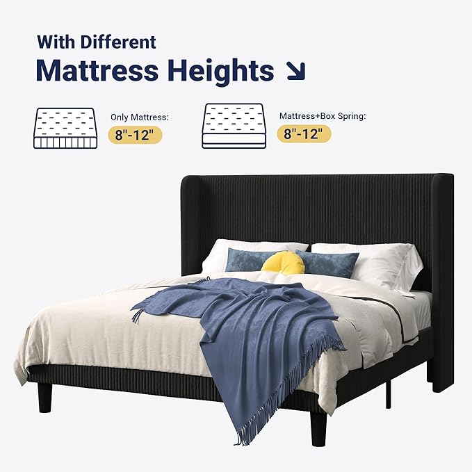 Allewie Queen Size Bed Frame with Upholstered Wingback Headboard, Vertical Channel Tufted Corduroy Velvet Platform Bed, Strong Wooden Slats Support, No Box Spring Needed, Easy Assembly, Sturdy, Black