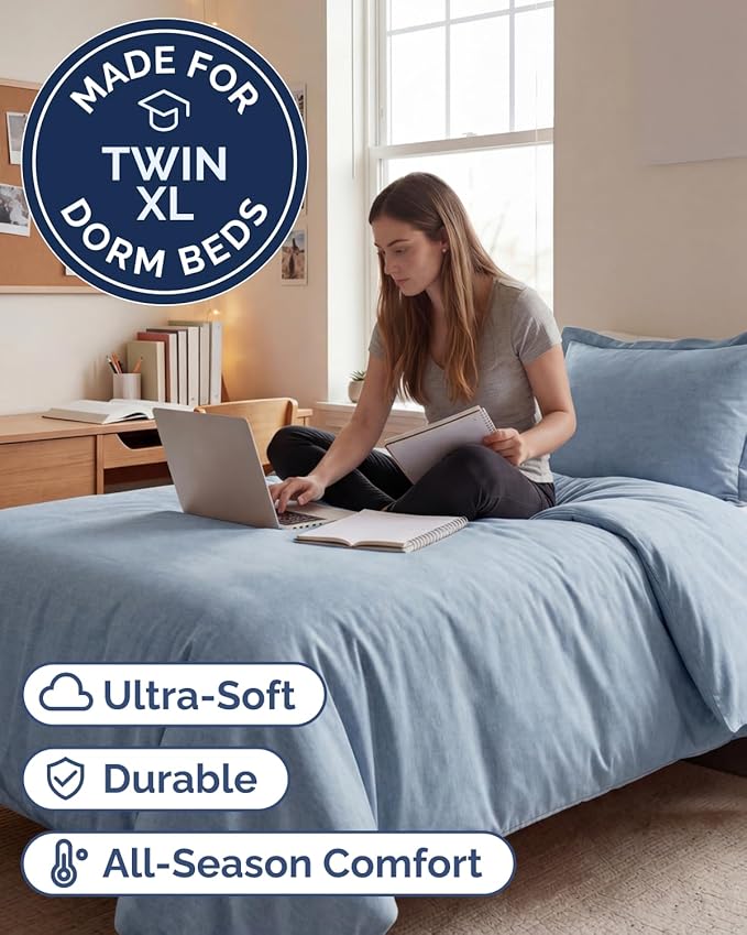 Duvet Cover Twin/Twin XL Size Set - Extra Soft Twin/Twin XL Duvet Cover 68" x 90" with 1 Pillow Sham - Hotel Luxury, Easy Care, Fade Free w/ Zipper Closures & Ties - Cozy & Breathable (Heathered Blue)