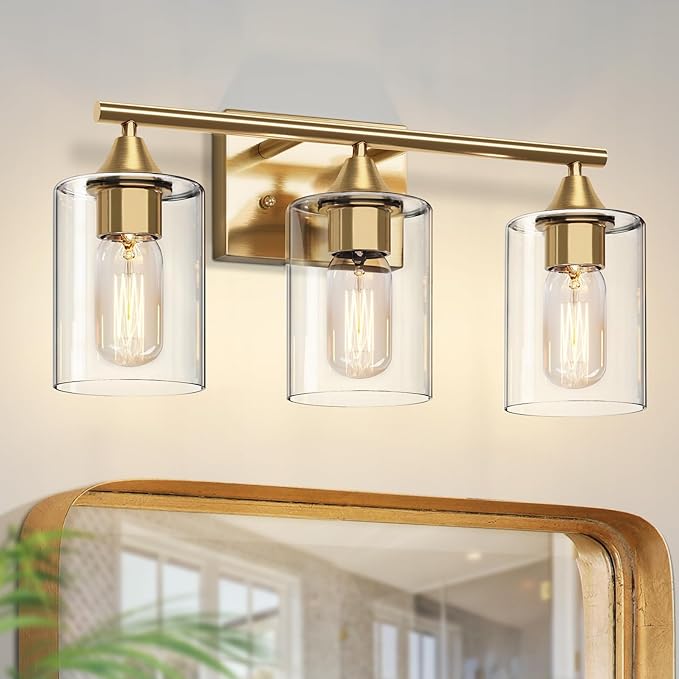Gold Bathroom Light Fixtures,3-Light Vanity Lights,Modern Brushed Brass Gold Wall Sconce Lighting,Bathroom Wall Lamp for Mirror Bedroom Living Room Vanity Table Hallway
