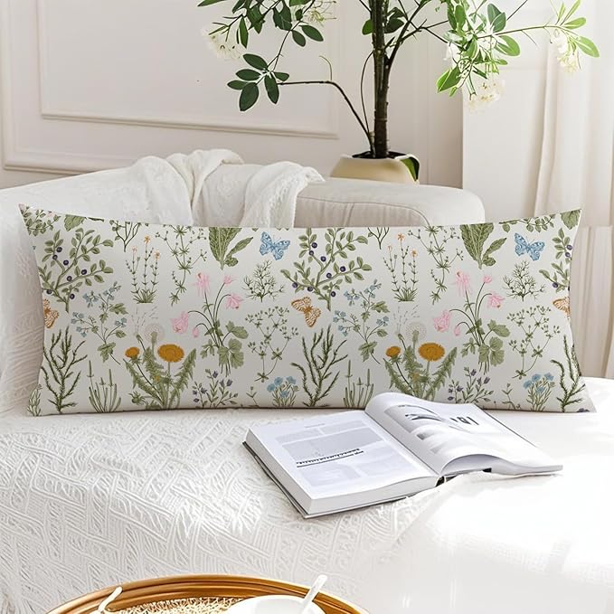 Vintage Floral Botanical 20x54 Body Pillow Cover, Cottagecore Room Decor, Rustic Cottagecore Wildflower Plant Decorative Long Body Pillow Cases for Bed Couch