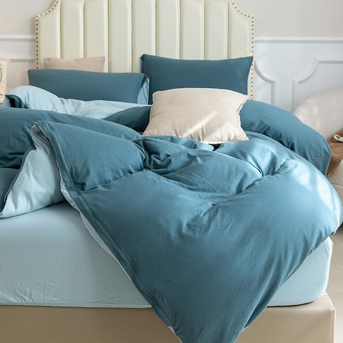 PURE ERA Jersey Knit Duvet Cover Set 100% T-Shirt Cotton Super Soft Comfy 3pc Bedding Set with Zipper Closure (Solid Cerulean Blue/Light Blue, King)