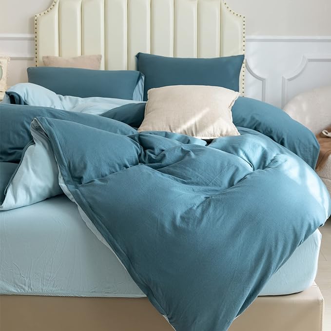 PURE ERA Jersey Knit Duvet Cover Set 100% T-Shirt Cotton Super Soft Comfy 3pc Bedding Set with Zipper Closure (Solid Cerulean Blue/Light Blue, Queen)