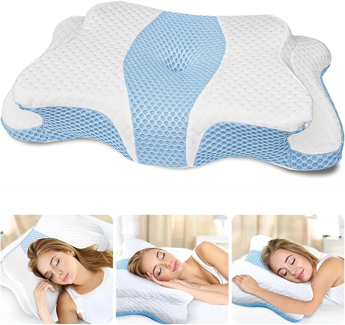 CHxxy Memory Foam Pillows, Cervical Pillow for Neck and Shoulder Pain Relief, Ergonomic Contour Bed Pillow, Soft for Side Sleep Stomach Sleeping and Back Sleeper-Queen Size & Light Blue