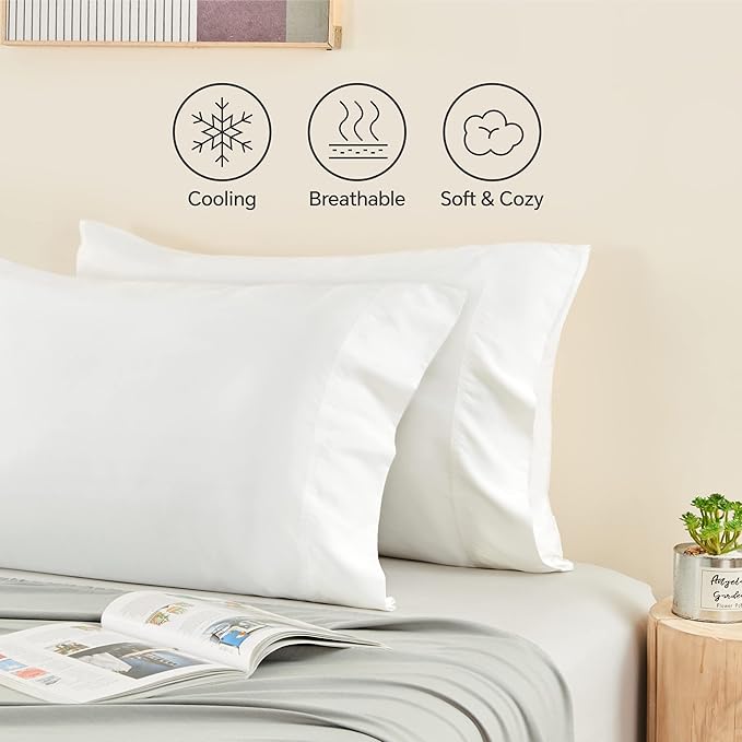BEDELITE King Size Pillow Cases Set of 2, Rayon Derived from Bamboo, Cooling Pillow Cases for Hot Sleepers & Night Sweats, Breathable and Silky Soft Envelope Pillowcases(White, 20"x40")