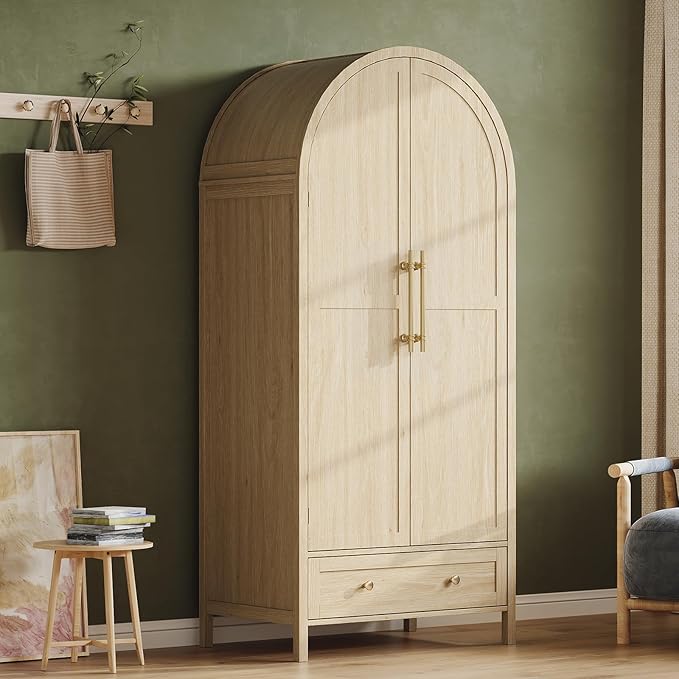 VINGLI Arched Wardrobe Closet Armoire with Doors and Drawer, 70" Tall Wooden Wardrobe Cabinet,Clothing Storage Cabinet, Large Capacity Storage, Natural Oak