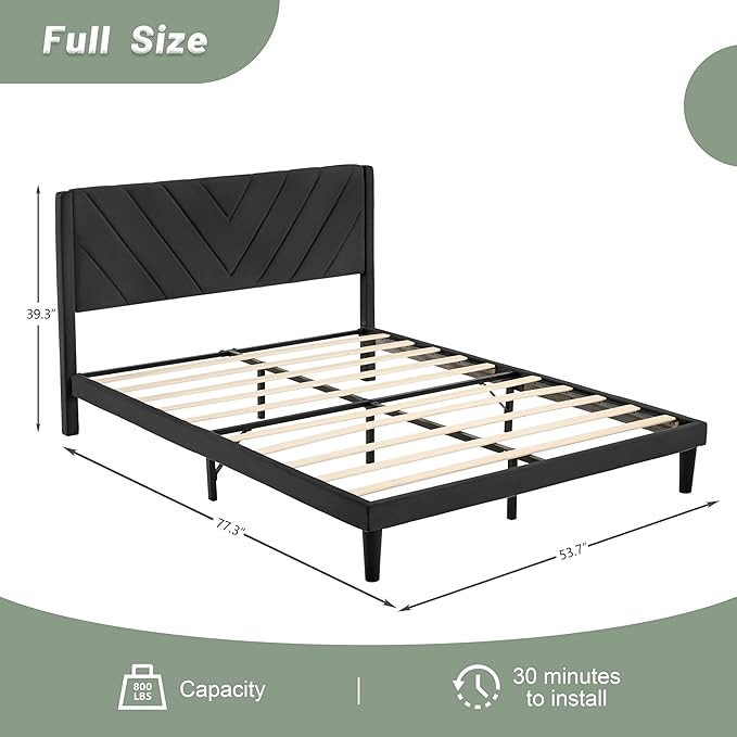 Full Bed Frame with Headboard, Bed Frame Full Size with Sturdy Wooden Slats Support, Platform Bed Frame with Velvet Upholstered Headboard, Mattress Foundation, Easy Assembly, No Box Spring Needed