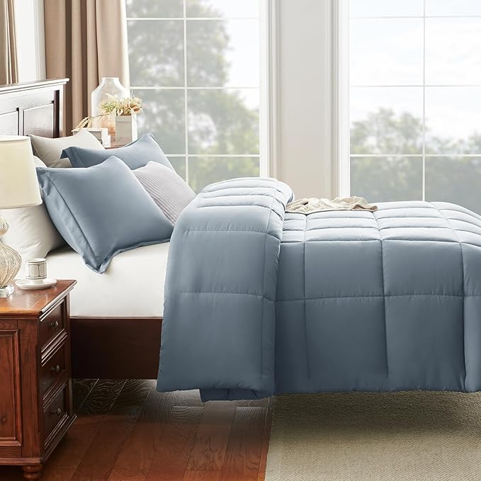 CozyLux Queen Comforter Set - 270GSM Grayish Blue Bedding Sets for All Seasons, 3 Pieces Box Stitched Bed Set with 1 Down Alternative Comforter and 2 Pillow Shams, Soft, Lightweight, Breathable