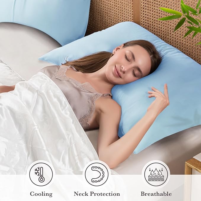 Curved Pillow Case Queen Size, Side Sleeper Pillow Cases Cover Cooling Rayon Derived from Bamboo with Zipper for hot Sleepers Hair and Skin, Breathable Silky Soft Pillowcase 1 Pack 20 * 30 Inches