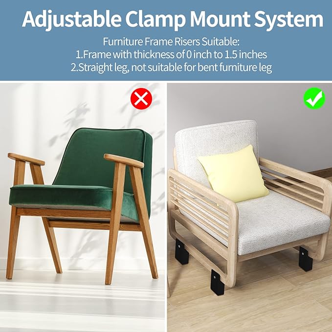 Bed Risers with Adjustable Screw Clamp, Fit Thickness of Furniture Frame from 0 to 1.5 Inch, Elevation in Heights 2" Heavy Duty Risers for Sofa Desk Table Cabinet Supports (4Pack, Brown)