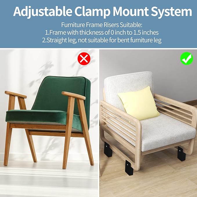 Bed Risers with Adjustable Screw Clamp, Fits Foot Thickness of Bed from 0 to 1.5 Inch, Elevation in Heights 4 Inch Heavy Duty Risers for Sofa Desk Table Cabinet Supports (4Pack, Brown)
