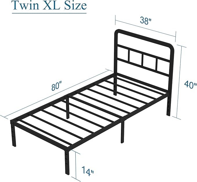 DiaOutro 14 Inch Twin XL Bed Frame with Headboard No Box Spring Needed Metal Platform Heavy Duty Steel Slat Mattress Foundation/Easy Assembly/Noise Free/Black