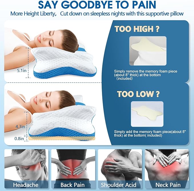 CHxxy Memory Foam Pillows, Cervical Pillow for Neck and Shoulder Pain Relief, Ergonomic Contour Bed Pillow, Soft for Side Sleep Stomach Sleeping and Back Sleeper-Queen Size&Blue