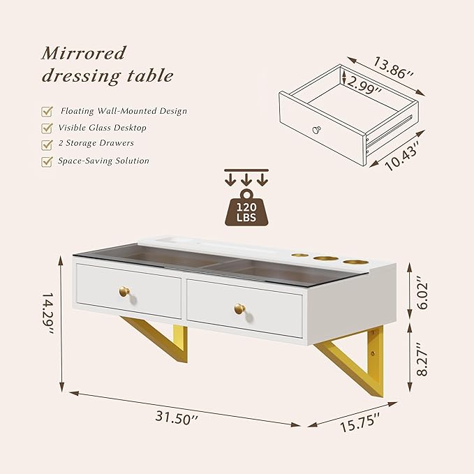 IEO 31.5" Floating Makeup Vanity Table Wall-Mounted Dressing Table with 2 Drawers Floating Desk Glass Top Wall for Small Space Bedroom,Warm White