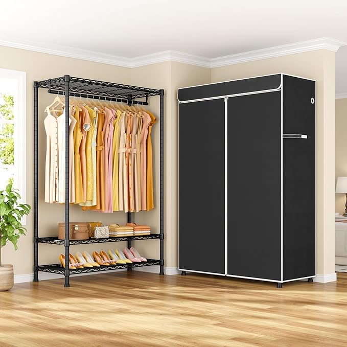 ULIFHOME H5C Plus Clothes Rack with Cover, Portable Closet for Hanging Clothes, Covered Clothing Racks Heavy Duty, Garment Racks with Shelves, Max Load 370LBS, Black Closet Rack with Black Cover