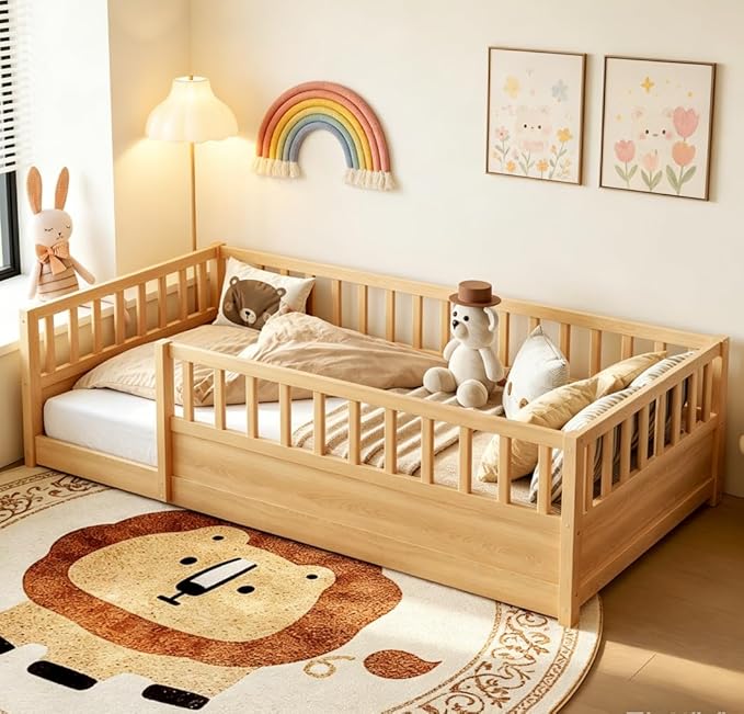 Bellemave Twin Floor Bed with high Fence, Solid Pine Wood Montessori Bed for Kids Girls Boys Floor Bed Frame,Natural with slats