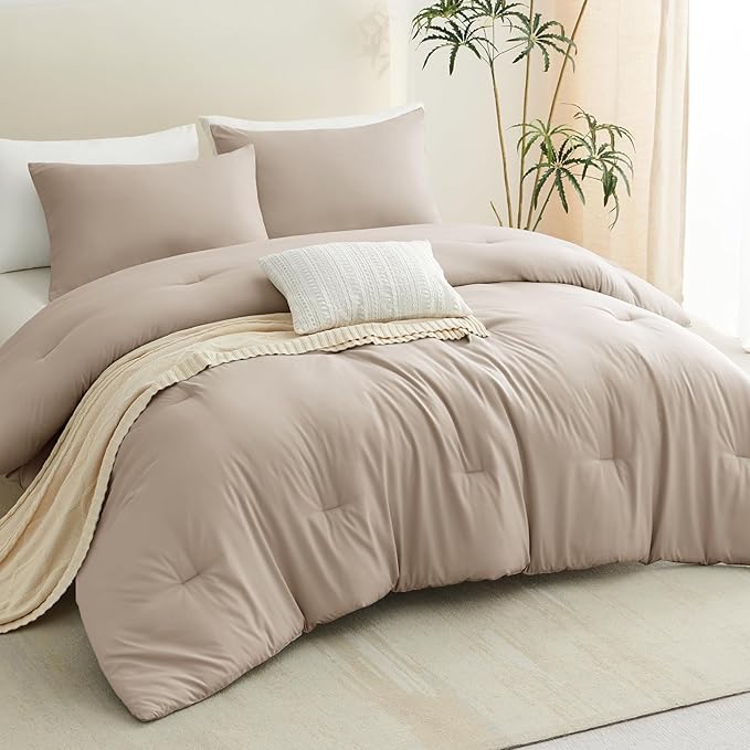 CozyLux King Size Comforter Set Wheat, 3 Pieces Solid Comforters King Size Breathable Quilted Bedding Sets, Luxury Soft Lightweight Bed Set with Down Alternative Comforter and 2 Pillowcases All Season