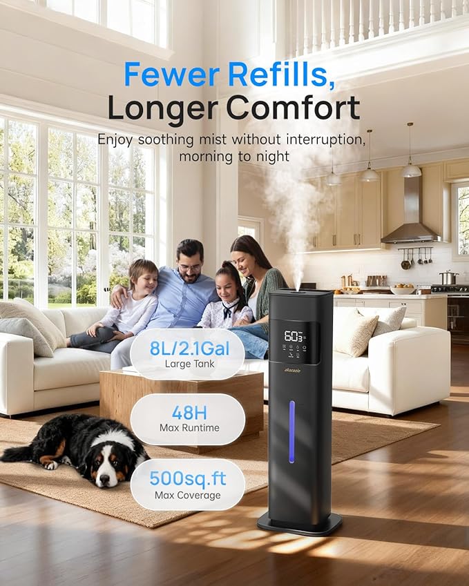 Warm & Cool Mist Humidifiers for Bedroom 500 sq ft, 2.1Gal/8L Top-Fill Humidifier Large Room with Essential Oil Diffuser, Large Room Humidifiers for Home Baby Nursery Office Plants, Black
