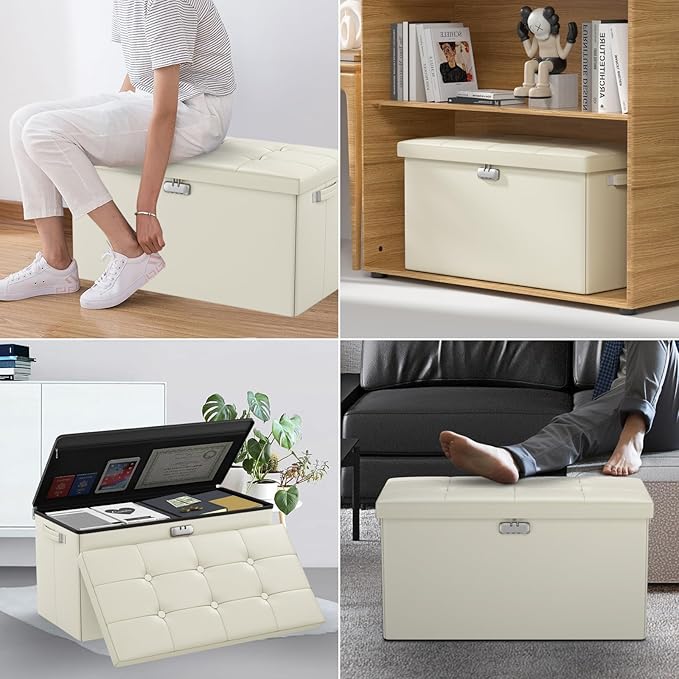 ENGPOW Storage Ottoman Bench,Fireproof Folding Bench with Lock,30 Inches Fire＆Water Resistant Storage Chest Foot Rest Stool Leather Bedroom Ottoman Safe for Documents,Valuables, Beige