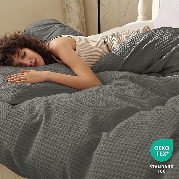 PHF Waffle Weave Duvet Cover Set Queen Size, No Snagging Ultra Soft Luxury Textured Breathable Comforter Cover for All Season 3pcs, Durable Bedding Duvet Set with 2 Pillow Shams, 90"x90", Grey