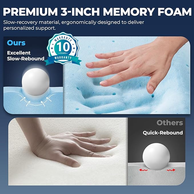 Memory Foam Mattress Topper - 3 Inch Gel Mattress Pad for Pressure Relief, Premium Soft Cooling Sleep Bed Topper, Non-Slip Design with Removable & Washable Cover (White, Full)